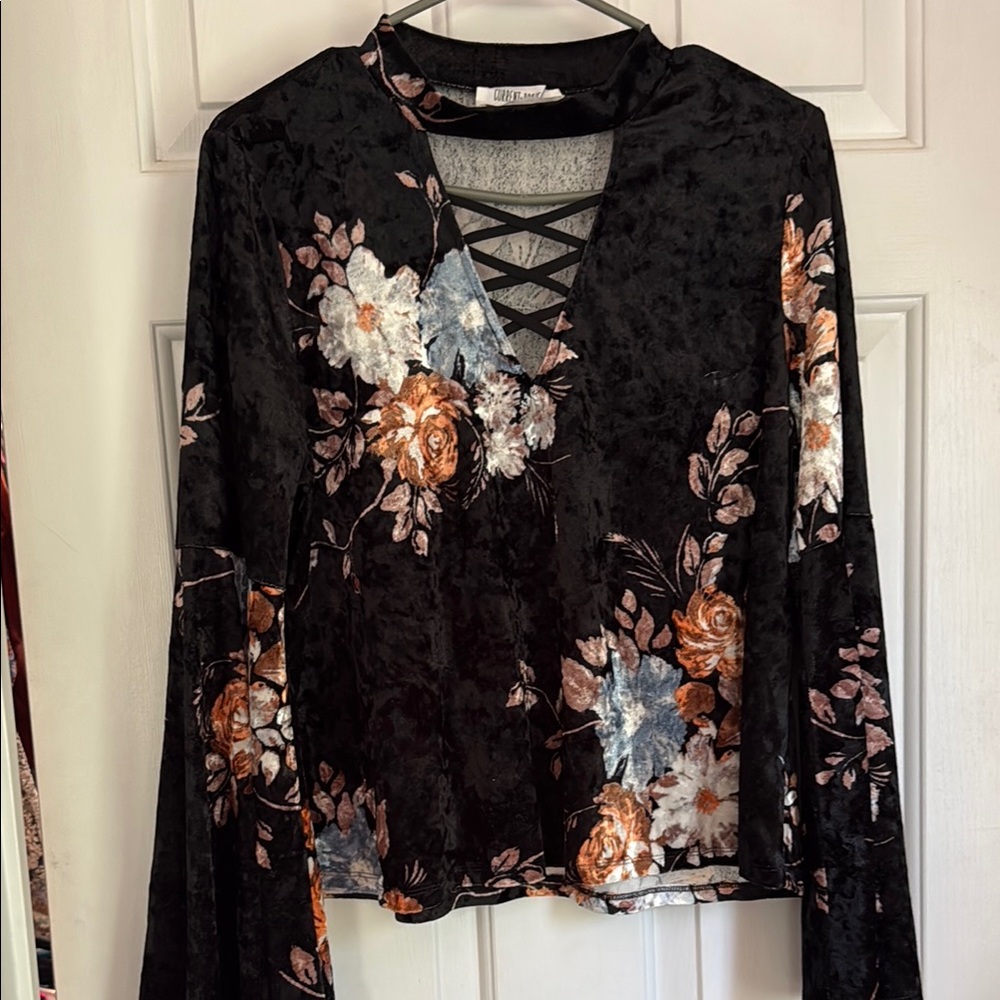 Velvet Floral Lace-Up V-Neck Long Sleeve Top - Black
